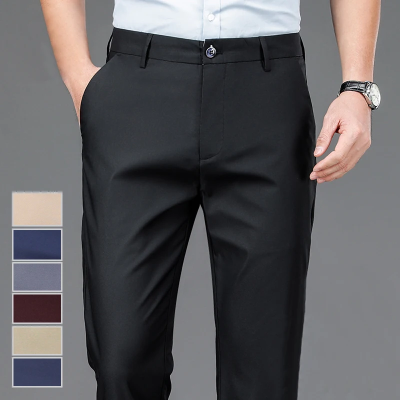 Male Pants Stretch Solid Black Smart Casual Men’s Trousers Office Quick Dry Suit Pants New Spring Autumn Korean Straight Pants