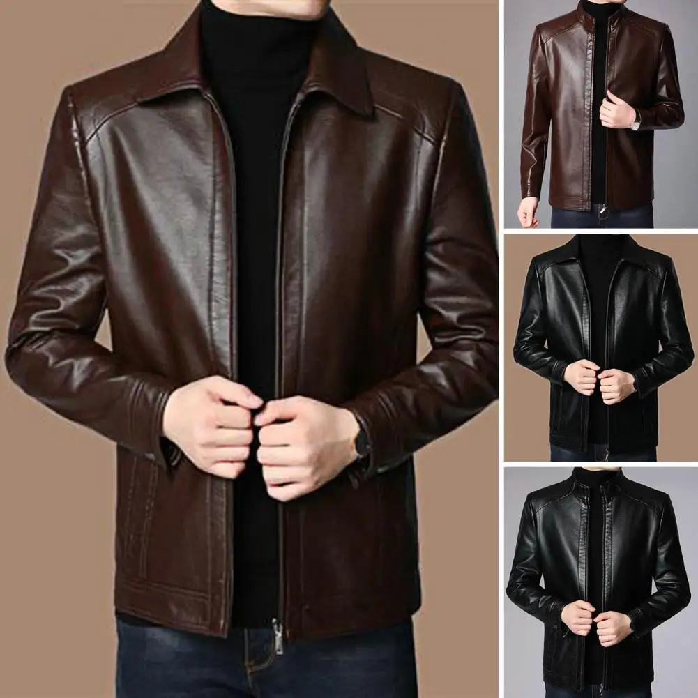 Men Faux Leather Jacket Men’s Faux Leather Motorcycle Jacket with Stand Collar Thick Warm Lining Windproof Design for Autumn