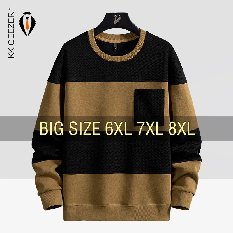 Men Stripe Sweatshirts Cotton Oversized 6XL 7XL 8XL Plus Size Long Sleeve O-Neck Pullovers Streetwear Fashion Sportswear Black