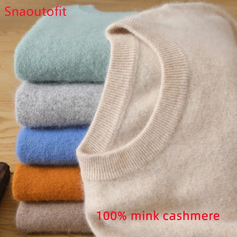 Men’s 100% Pure Mink Cashmere Sweater O-Neck Pullovers Knit Sweater Autumn and Winter New Long Sleeve High-End Jumpers Mink Tops