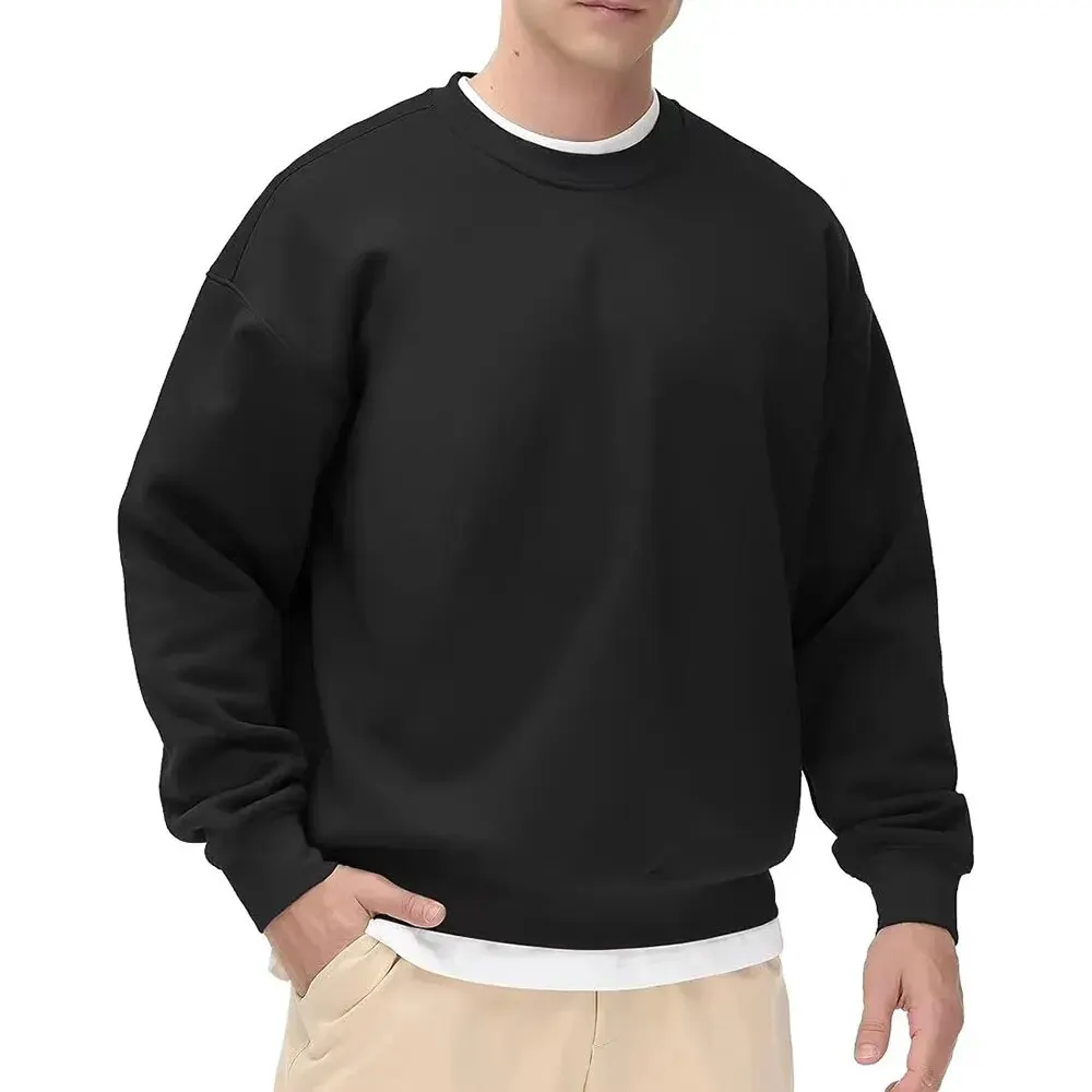 Men’s Autumn Winter Basic Crewneck Sweatshirt Solid Color Loose Fit Soft Oversized Pullover