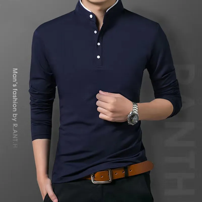 Men’s Business Casual Polo Long Sleeve T-shirt Summer Comfortable and Breathable Solid Cotton Top