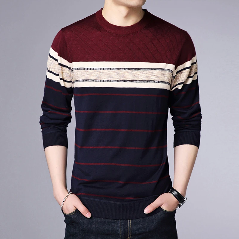Men’s Casual Striped Knit Spring and Autumn Long Sleeved Pullover Fashion Top