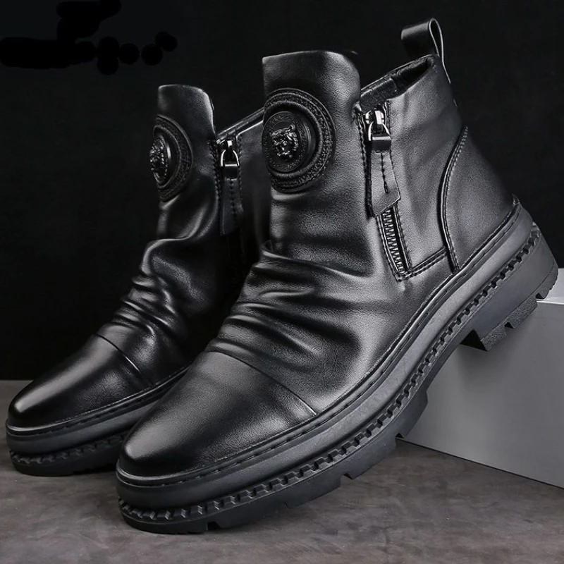 Men’s Motorcycle Leather Boots British Style Round Head High Top Shoes Side Zip Walking Casual Platform Boots Bota Masculina