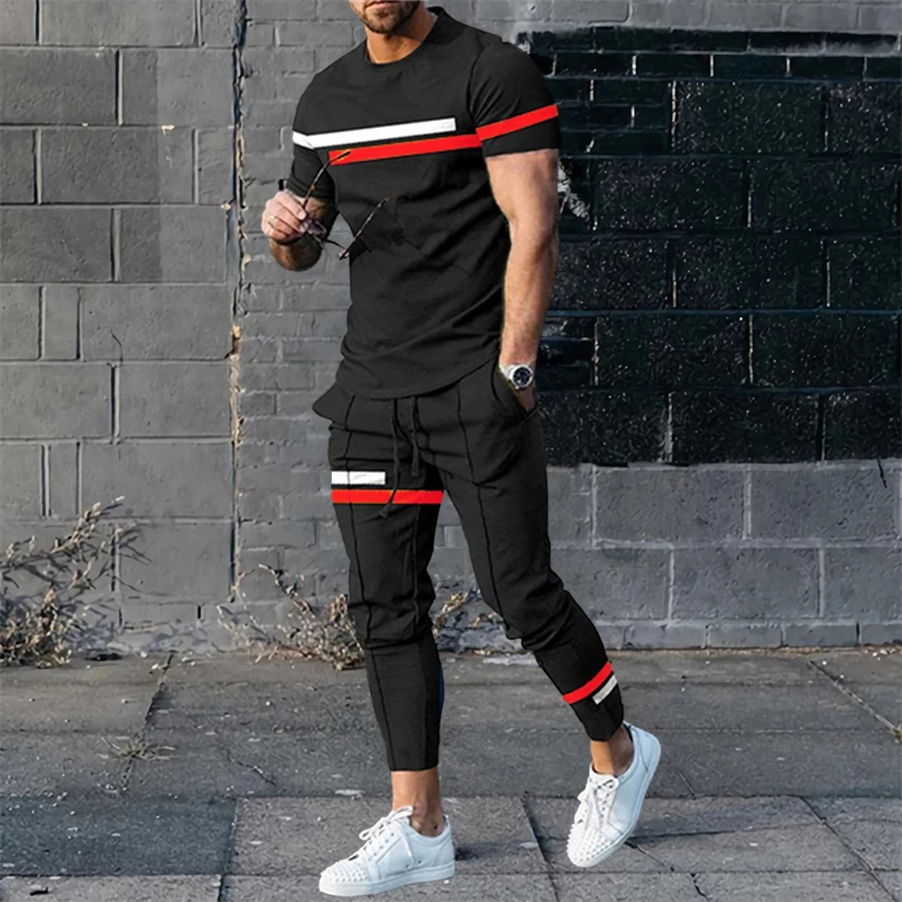 Men’s Trousers Sets Tracksuit Summer Striped Print Tops Tees Short Sleeve T Shirt+Long Sweatpants 2 Piece Oversized Men Clothing