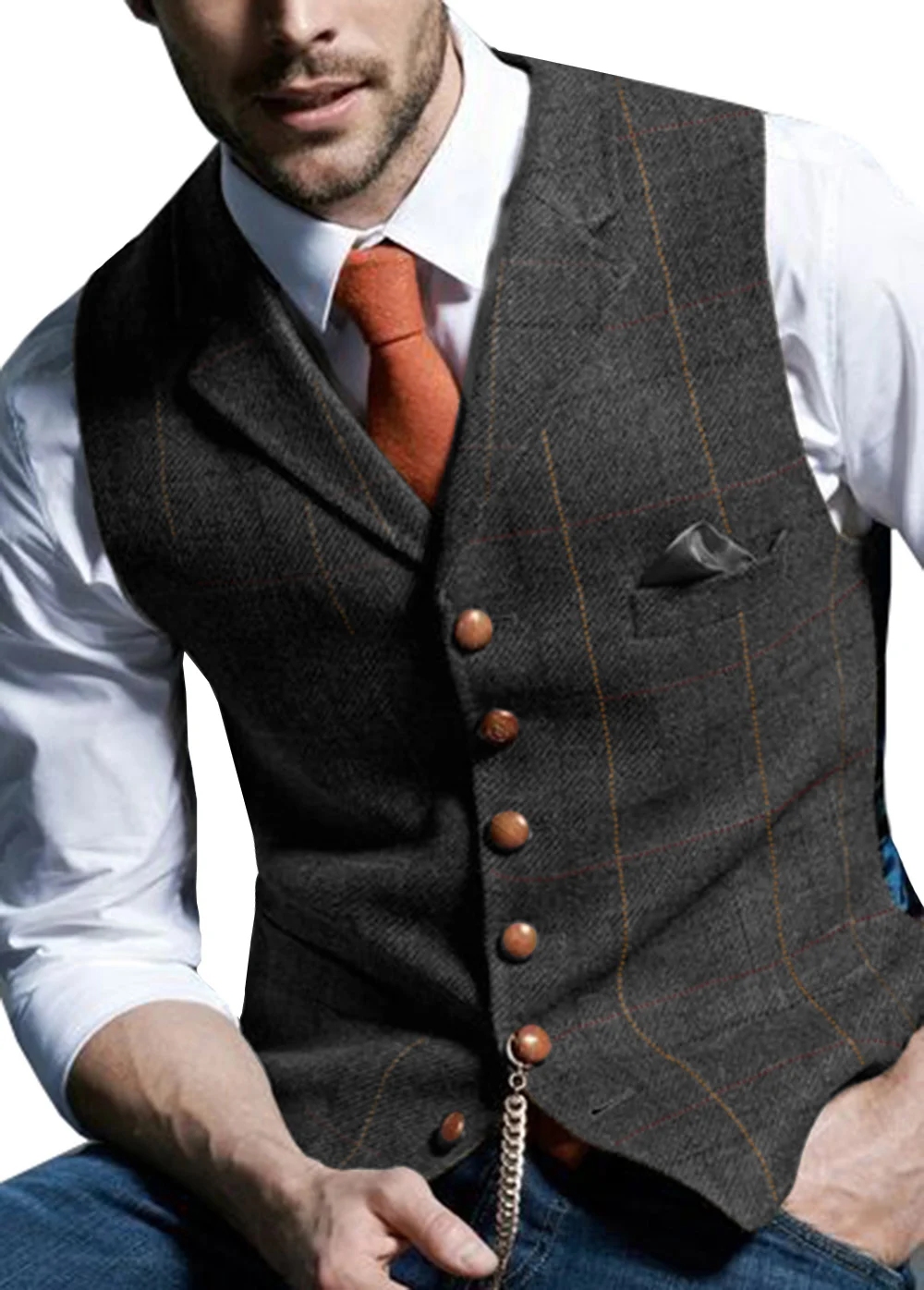 Men’s Vests Tweed Suit Business Clothing for Men Striped Waistcoat  Punk Vest Groomman Wedding Brwon Black Grey Jacket