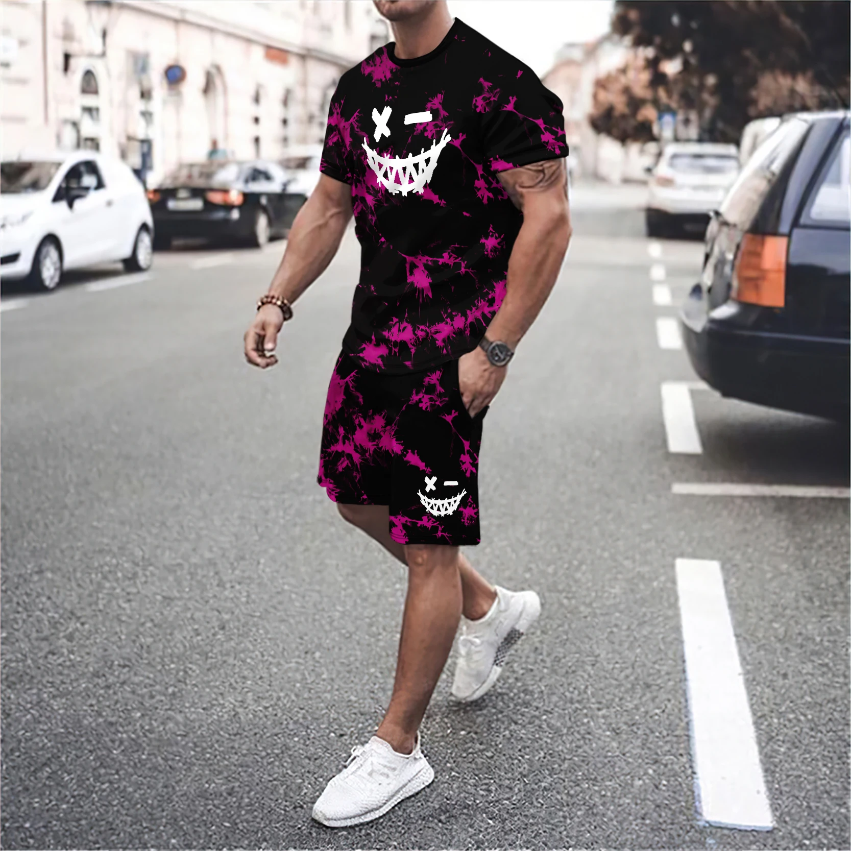 Men’s printed suit casual men’s oversized T-shirt beach shorts sportswear round neck sportswear suit clothing