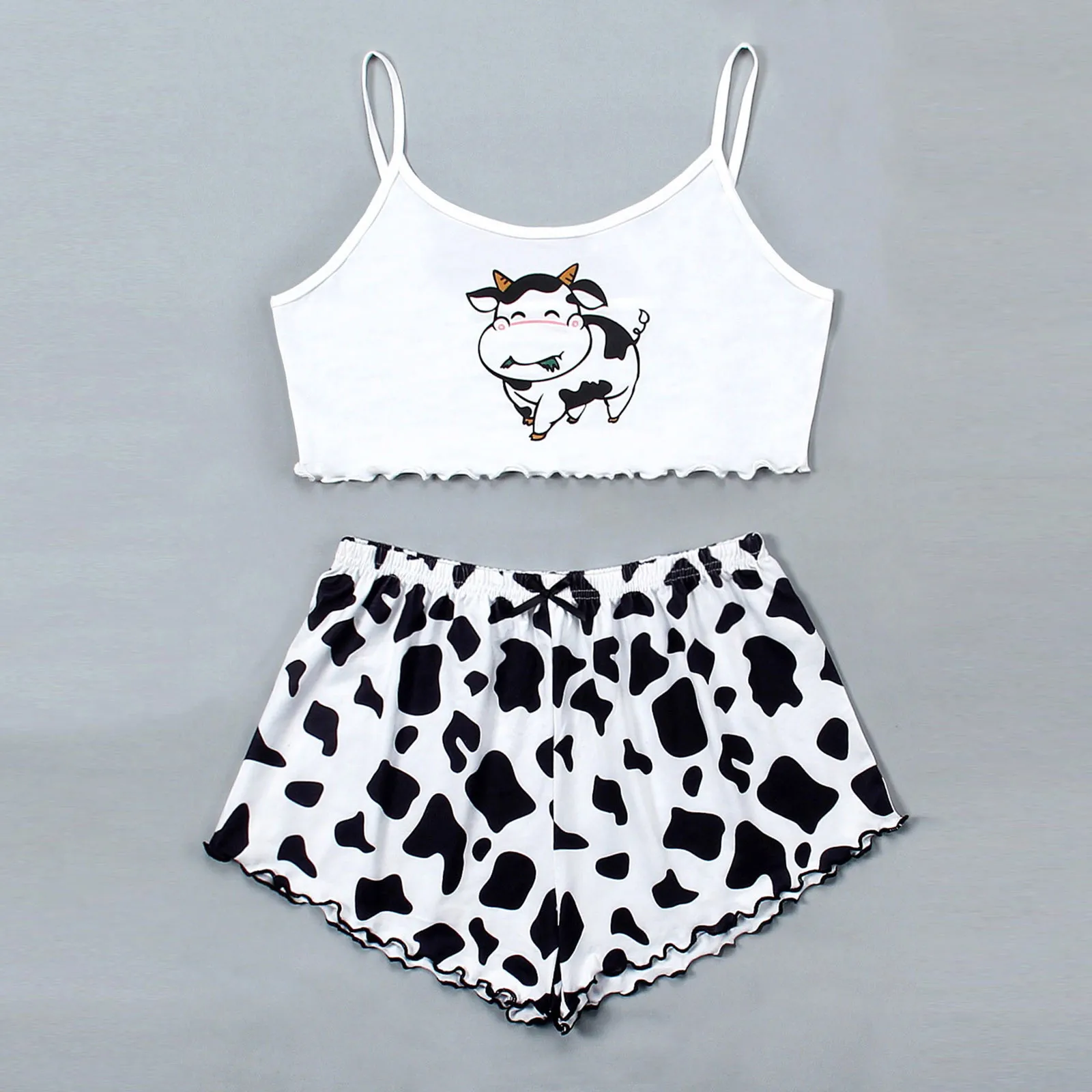 Milk Cow Print Pajama Set Summer Sexy Sleepwear Pyjamas Women Sweet Soft Comfortable 2 Piece Home Suit Loungewear Lingerie Y2k