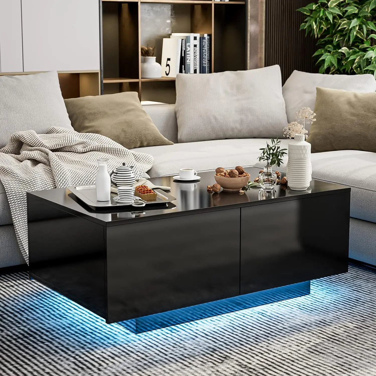 Modern LED Coffee Table w/4 Drawers, Black High Glossy Center Table with 16 Colors LED Lights for Home Living Room