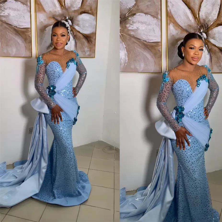 Modest Aso ebi Style Blue Prom Dresses Lace Appliques Sequined African Formal Occasion Dress Side Train Nigerian Evening Gowns