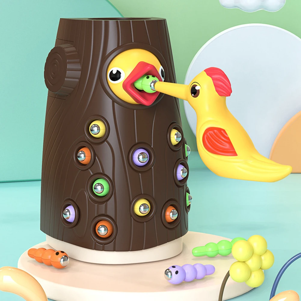 Montessori Baby Wooden Toys Magnetic Woodpecker Catching Worms Feeding Fishing Game Set Educational Toys for Kids Birthday Gift