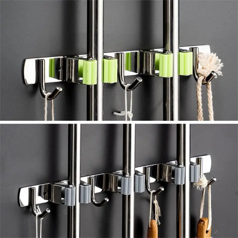 Mop and Broom Holder Wall Mount Organizer Storage Tool Racks Stainless Steel Heavy Duty Hooks Self Adhesive Home Kitchen Garden