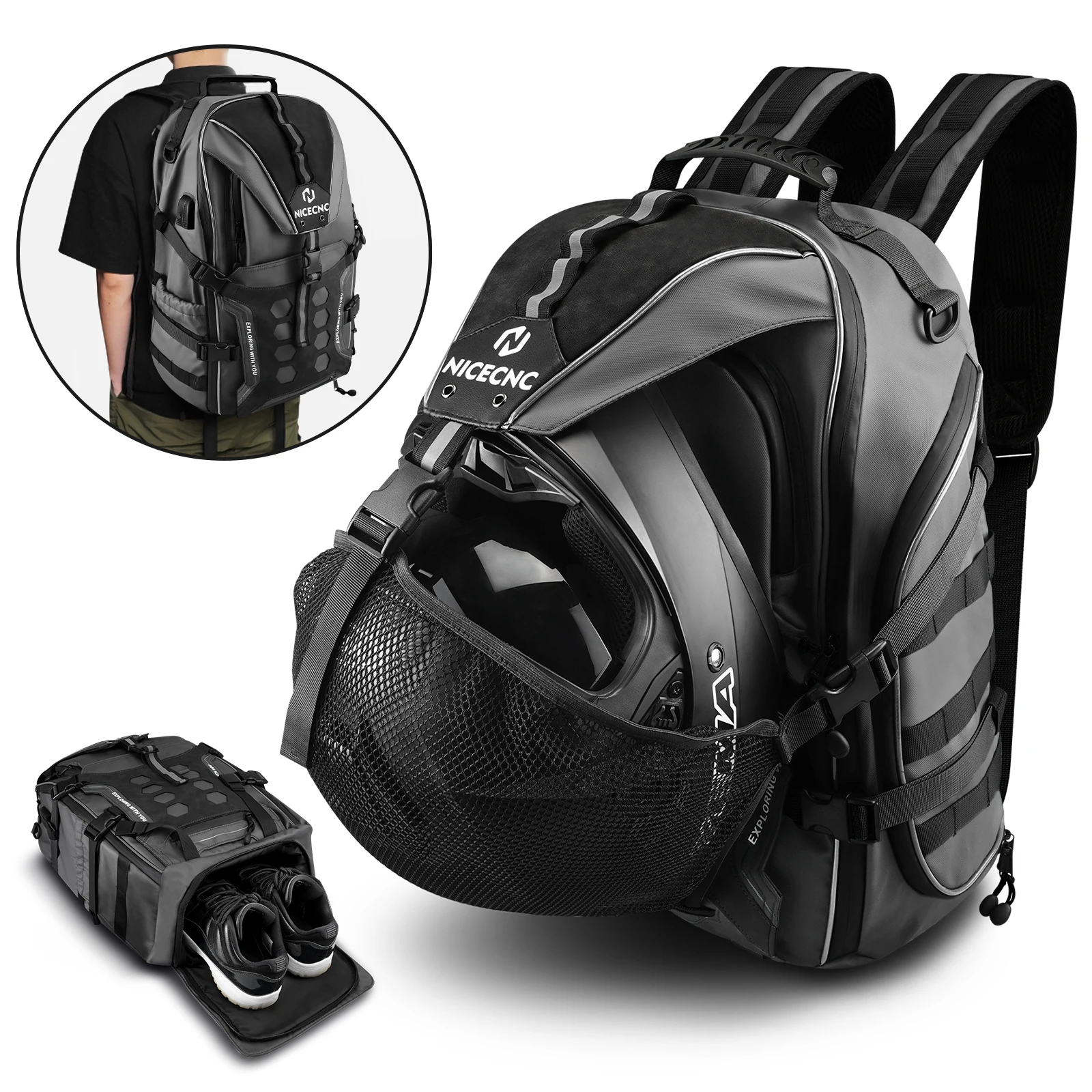 Motorcycle Helmet Backpack for Motorcyclist Waterproof 35L Motorbike Storage Bag with USB-Charge Port Outing Travel Men Backpack