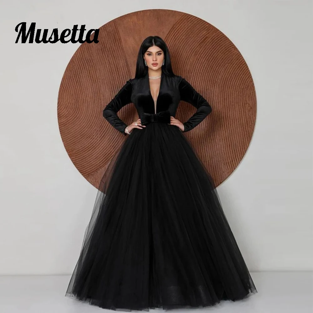 Musetta Black V-neck Prom Party Gowns Cap Sleeves Velour Tulle A-line Formal Long Evening Dresses With Bow Special Occasion Gown