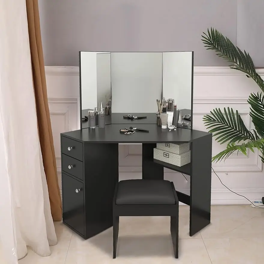 NOSGA Vanity Benches, Vanity Makeup Desk with Three-Fold Mirror Wooden Bedroom Vanity Table Corner Dressing Table with