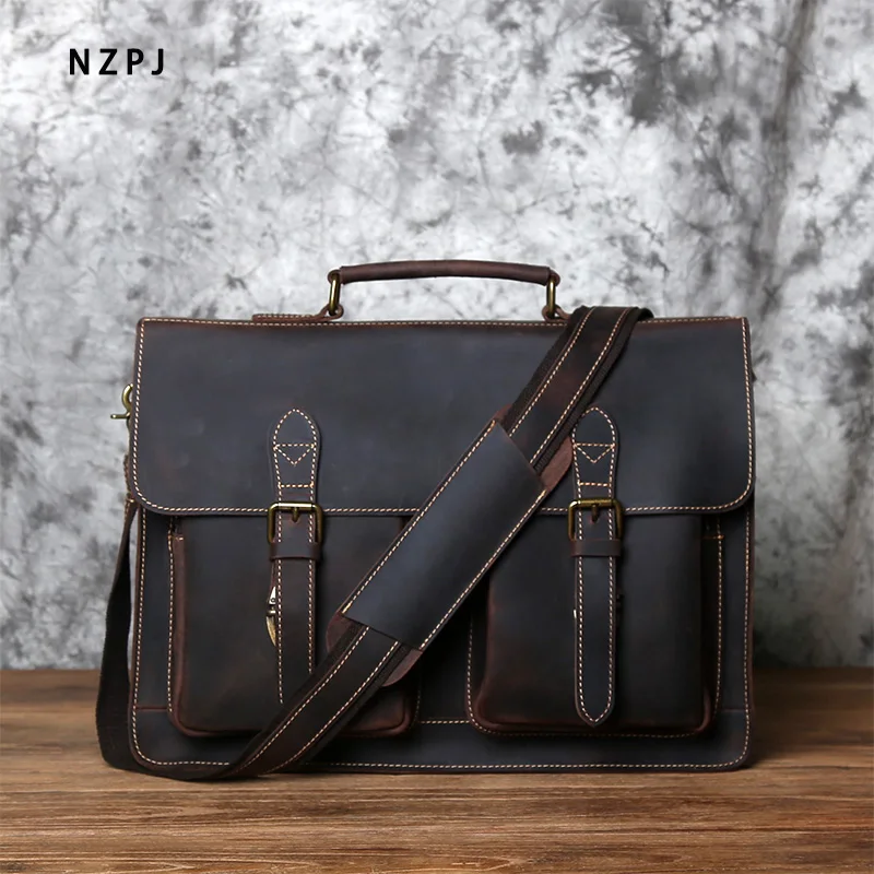 NZPJ Retro Leather Men’s Handbag Crazy Horse Leather Horizontal Computer Bag Top Layer Leather Men Casual Shoulder Messenger Bag