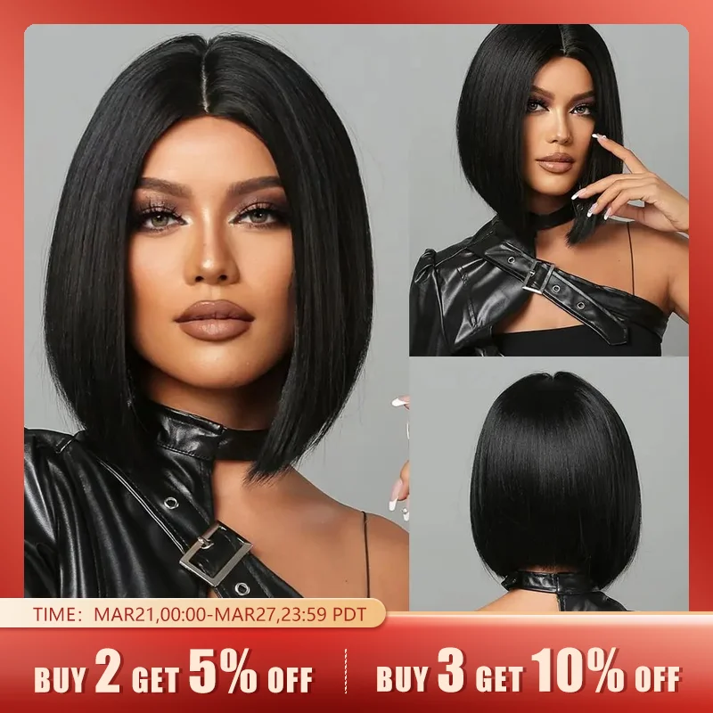 Natural Hairline Hair For Black Women Short Straight Bob Middle Part Heat Resistant Synthetic Wig For Daily Use Cosplay