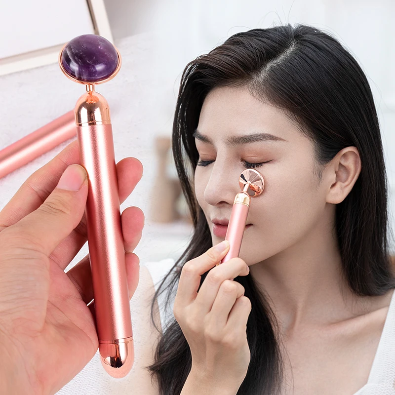 Natural Stone Rose Gold Electric Roller Original Amethyst Quartz Jade Big Frequency Eye Massage Face Care Neck Detox Beauty Tool