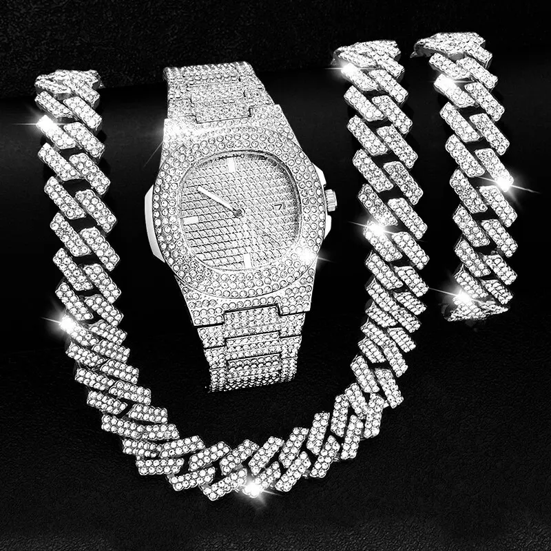 Necklace+Watch+Bracelet Iced Out Cuban Link Chain Bling Choker Jewelry Shiny Trendy Stylish Hip Hop Style For Men and Women Gift