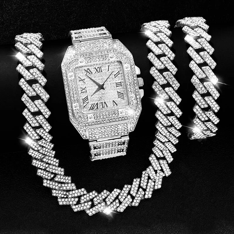 Necklace+Watch+Bracelet Iced Out Watch For Men Hip Hop 14MM Prong Cuban Chain Rapper Cuban Necklaces Set Punk Party Jewelry Gift