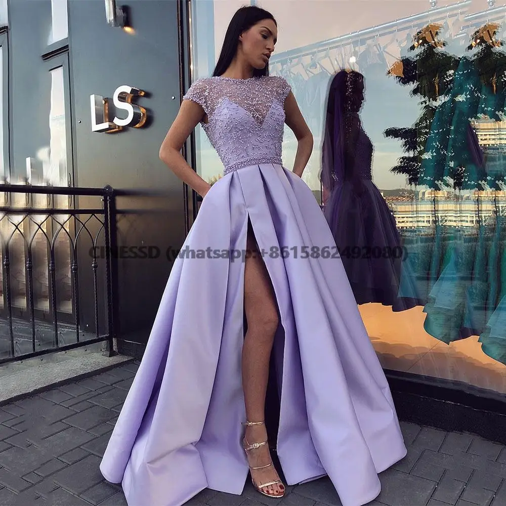 New Dubai Arabic Lavender Satin Prom Dresses with Slits Pearl Elegant Long Evening Boho Women 2023 Special Occasion Gowns