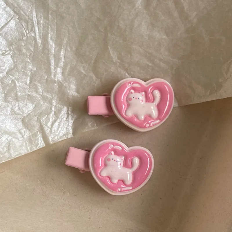 New Girls Cute Love Heart Cat Hair Clip Kids Lovely Pink Duckbill Clips Cute Sweet Cartoon Kitten Headband Clip Hair Accessories