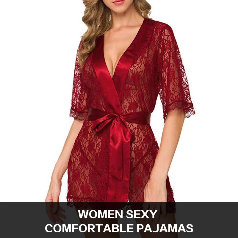 New Hot Sexy Women Floral Lace Lingerie V-Neck Sheer Mesh Nightgown Comfortable Ladies Kimono Nightdress Sleepwear