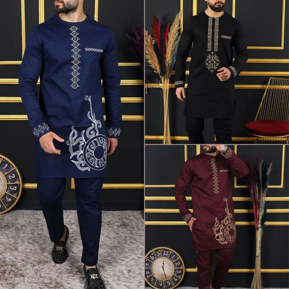 New In Dashiki 2 Pieces Sets Abaya Men’s Clothing Shirt Pant Set Long Sleeve Elegant African Ethnic Style Round Neck Suit Kaftan