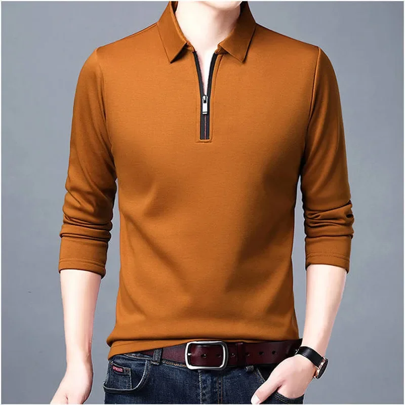 New Men’s Solid Polo Shirt Lapel Long-sleeved Polos Shirt Zipper Collar Fashion Spring and Autumn Thin Shirt Casual Loose Tops