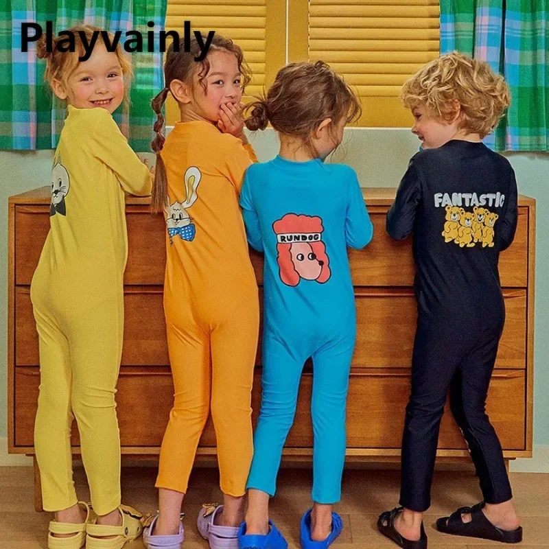 New Summer Baby Girls Boys Swimwear Cartoon Print Zipper Long Sleeve One Piece Swimsuit Children Sunscreen Beach Clothes E23107