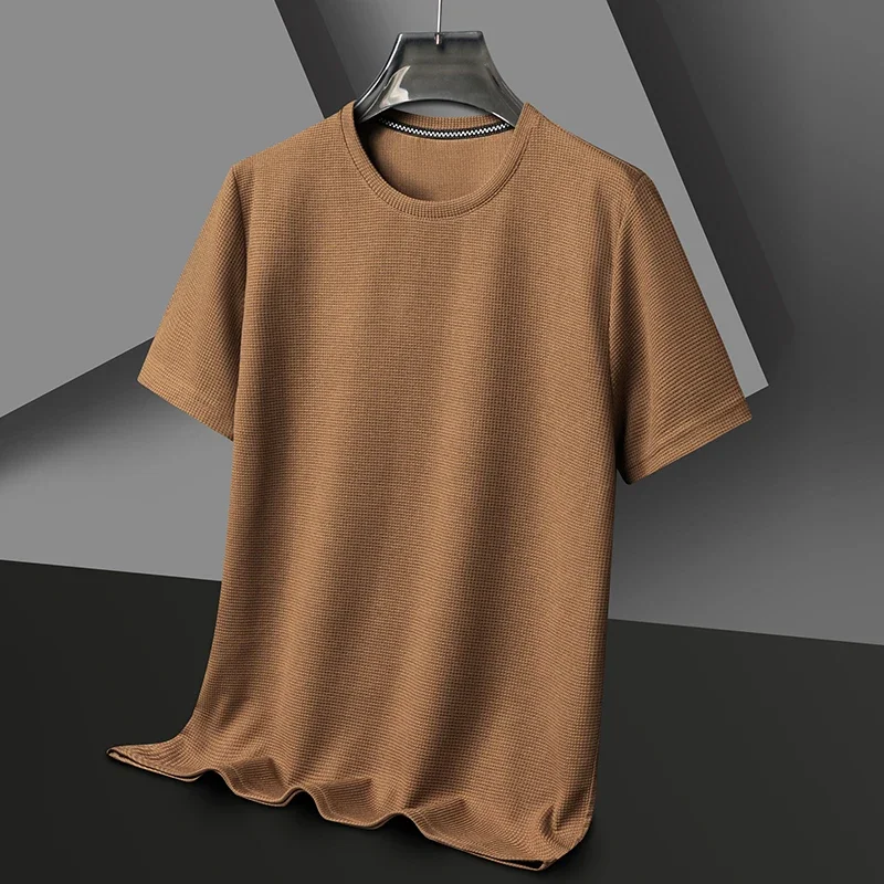 New Summer Waffle Round Neck Short Sleeved T-shirt for Men’s Short Sleeved Top