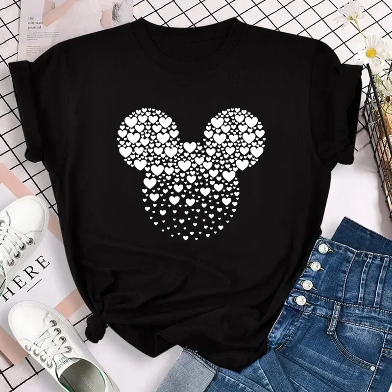 New T-shirts for Women Fashion Heart Minnie Print Unisex T Shirt Y2K Streetwear Clothes Kawaii Mouse Head T Shirt Female Tops