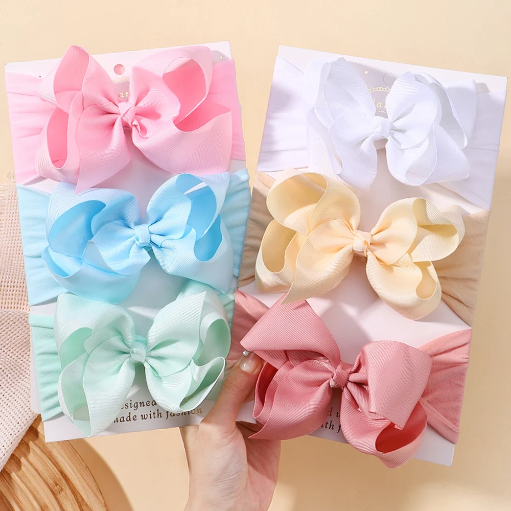 Newborn Wide Nylon Turban Girls Big Bows Hair Accessories Child Headband Elastic Hair Bands Ribbon Bows Kids Baby Headwear 1pcs