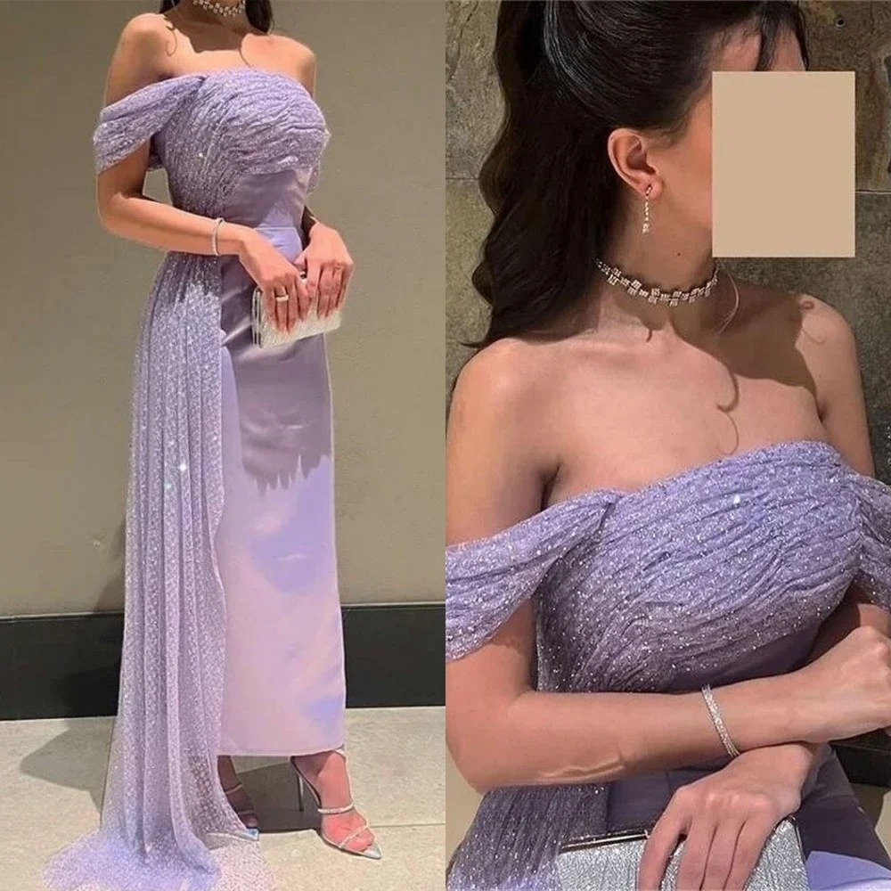 Newest Lilac Purple Mermaid Prom Dresses Ruched Off The Shoulder Tulle Formal Occasion Evening Gowns Vestido De Festa 2024