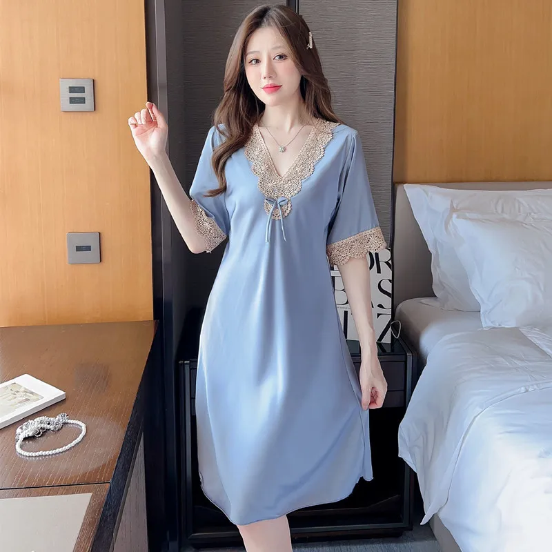 Nightdress V-Neck Female Nightgown Loungewear Sleepwear Dress Lace Women Nightwear Summer Rayon Dressing Gown Lingerie