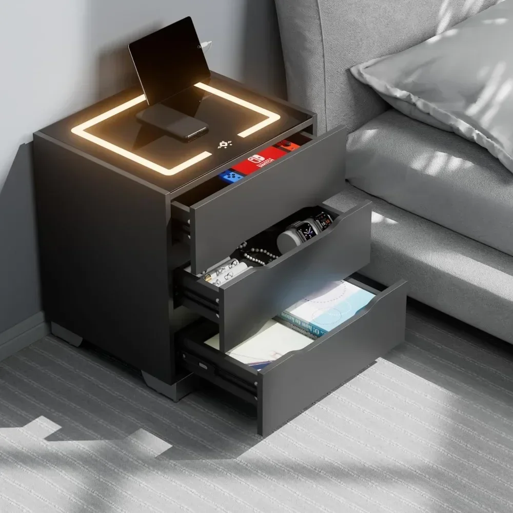 Nightstands Bedside Table with LED Lights, Charging Station and Smart Occupancy Sensor with Drawers for Bedroom Furniture