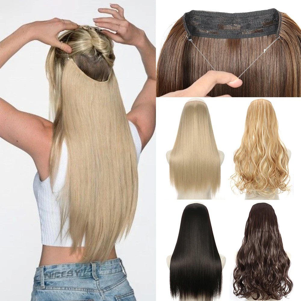 No Clips Natural Hair Extension Synthatic Artificial Long Straight Hairpiece Blonde Black Mixed Color False Hair Piece For Women