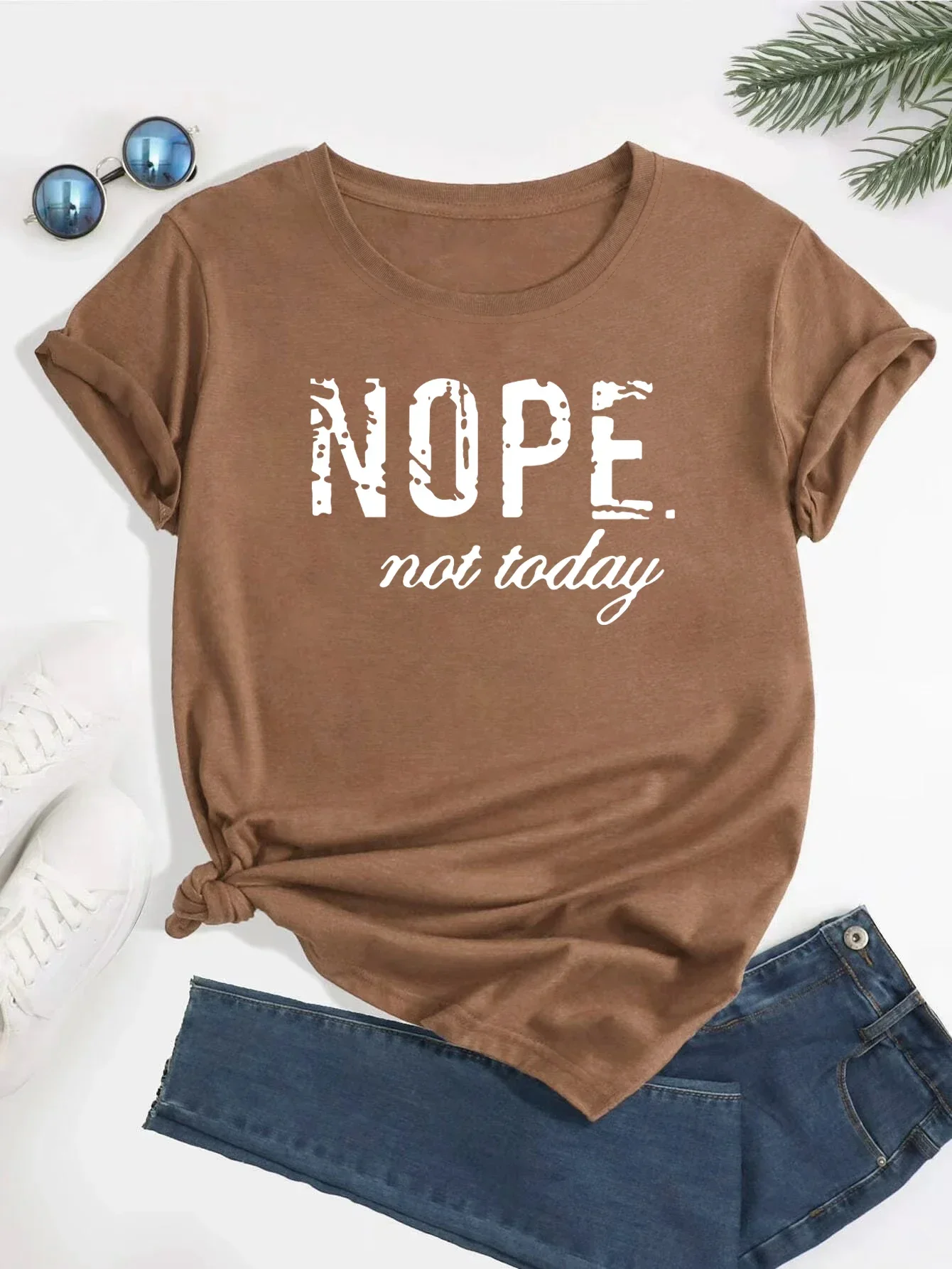 Nope Not Today Plus Size Letter Print Graphic T-Shirt Cute Short Sleeve Crew Neck Shirt Casual Every Day Tops Women’s Clothing