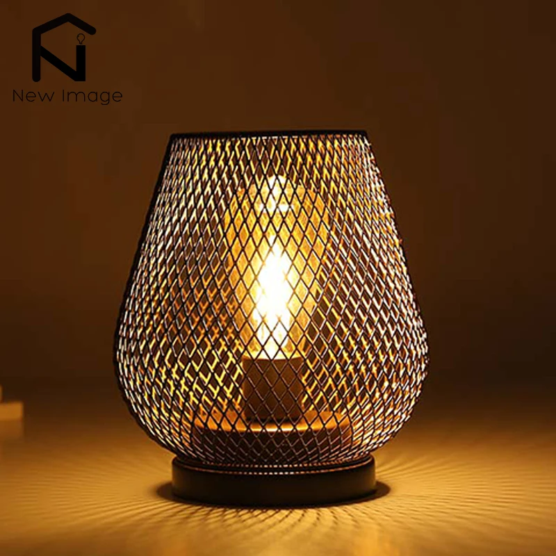 Nordic Metal Hollow Cage Candle Holder LED Lantern Battery Powered Cordless Lamp for Wedding Living Room Table Home Decor