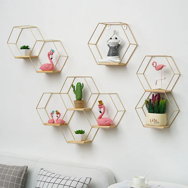 Nordic Wind Wall Storage Rack Living Room Wall Pendant Creative Hexagonal Combination Shelf on The Wall Home Appliance Shelves