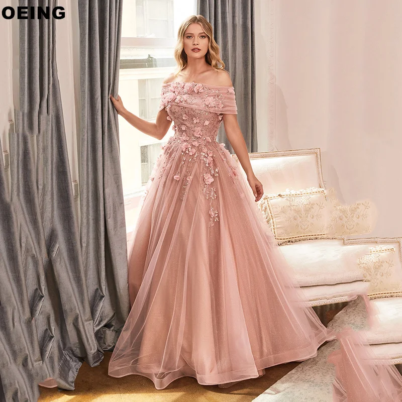 OEING  A-Line Appliques Tulle Evening Dresses Elegant Boat Neck Princess Party Dress Special Occasion Gowns Vestidos De Noche