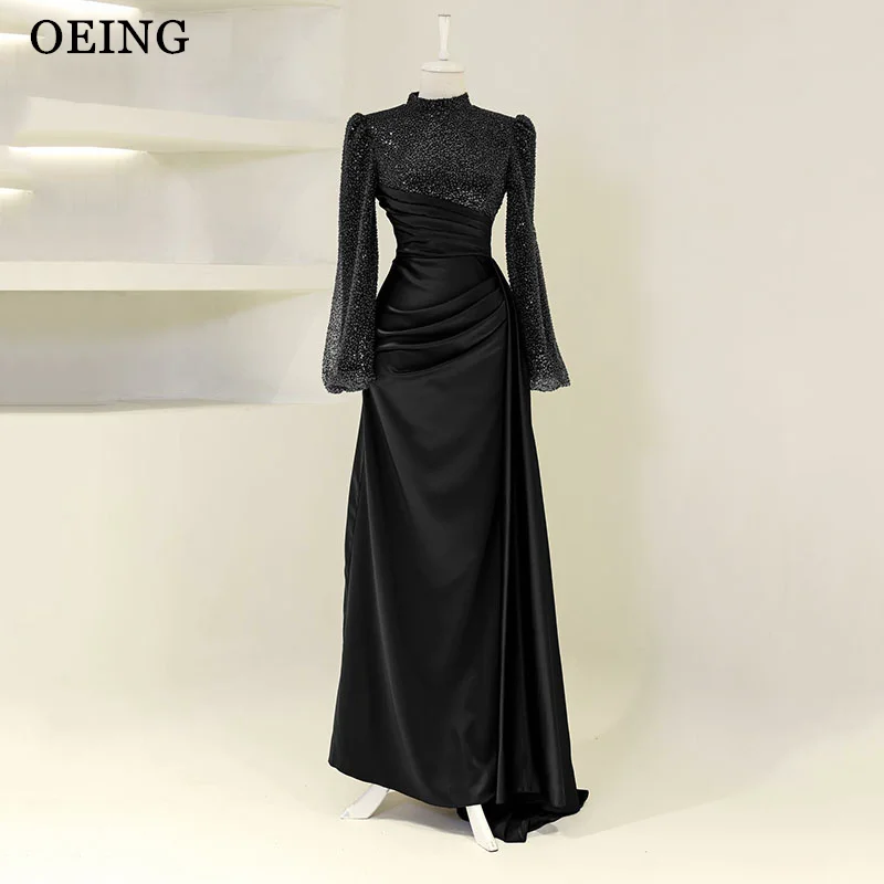 OEING Glitter Dubai Arabic Women Evening Dresses Modest Attachable Train Long Sleeeves O-Neck Prom Gowns Formal Occasion Dress