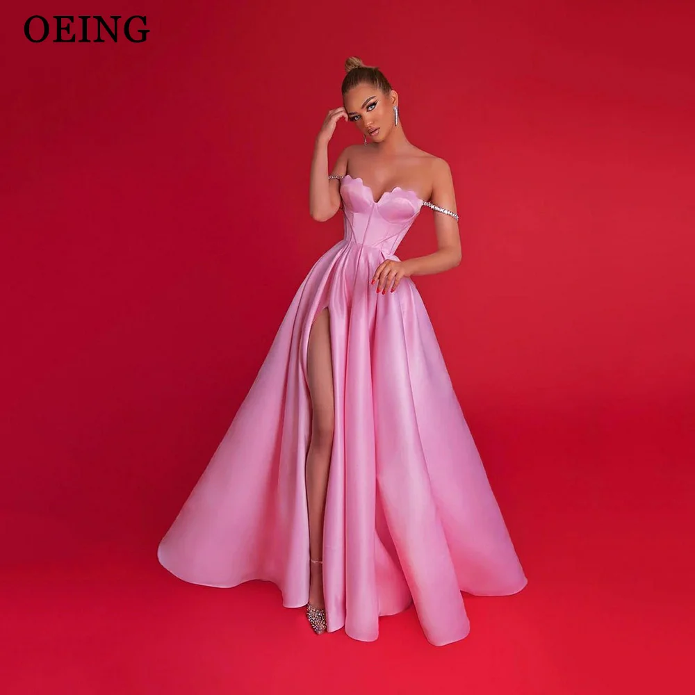 OEING Pink Evening Party Dresses Vintage Spaghetti Strap High Slit Satin A Line Floor Length Prom Gown Sweethear Formal Occasion