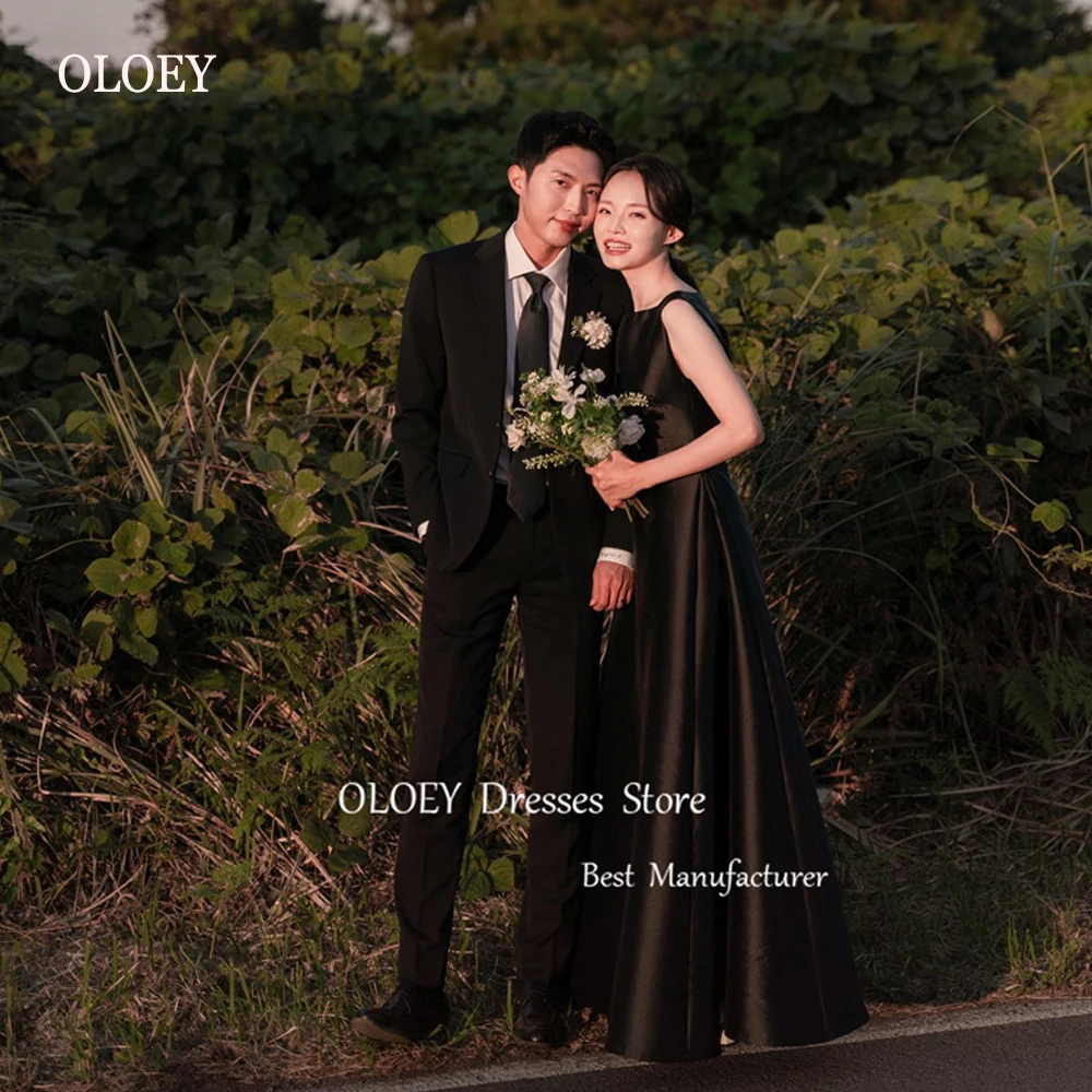 OLOEY Simple Black Korea Evening Dresses Photo shoot O-Neck Satin Lace Up/Zip Back Party Wedding Gowns Formal Occasion Dress