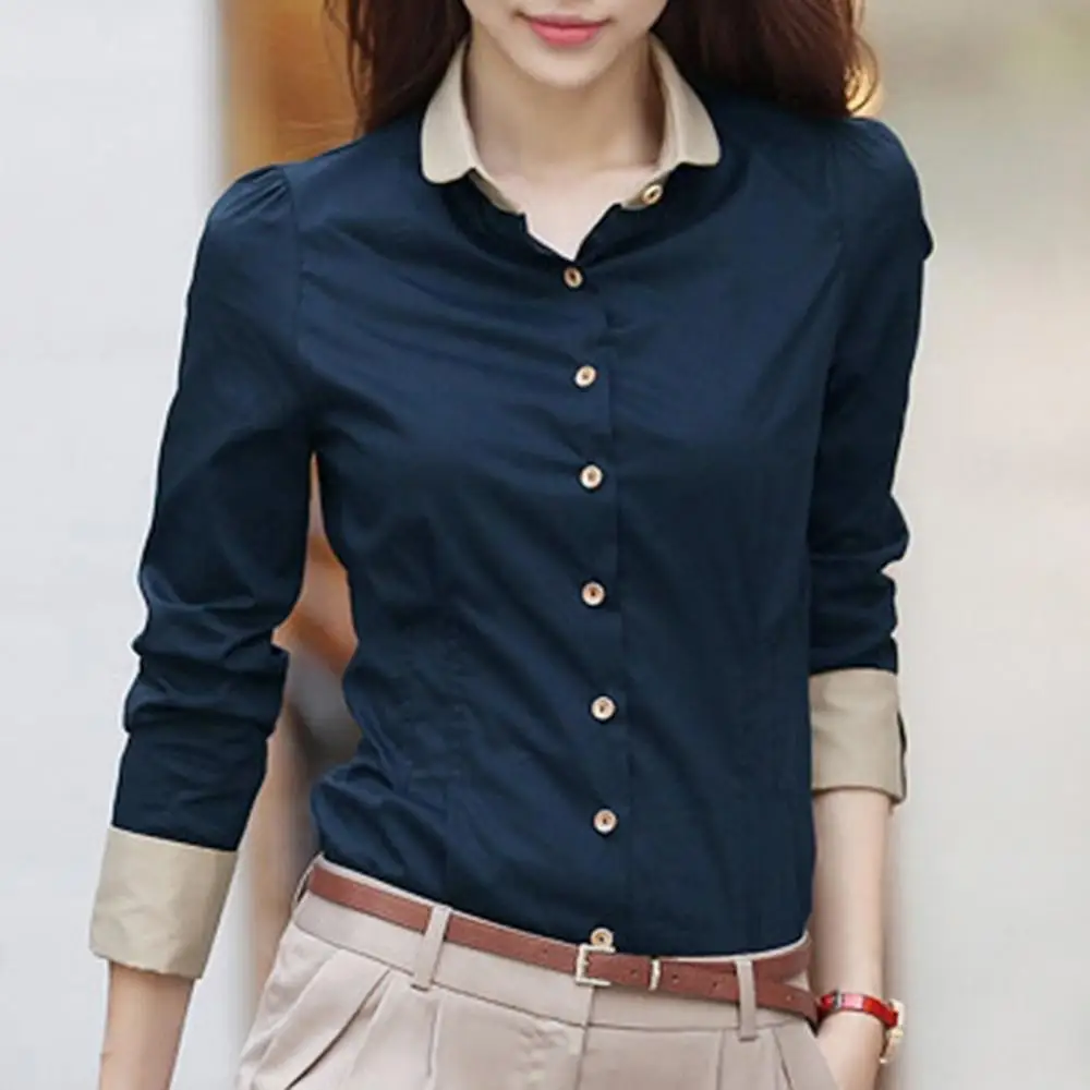 Office Lady Shirt Long Sleeve Turn Down Collar Waist Tight Shirt Buttons Blouse Top shirts for women fashion Dark Blue xxxl