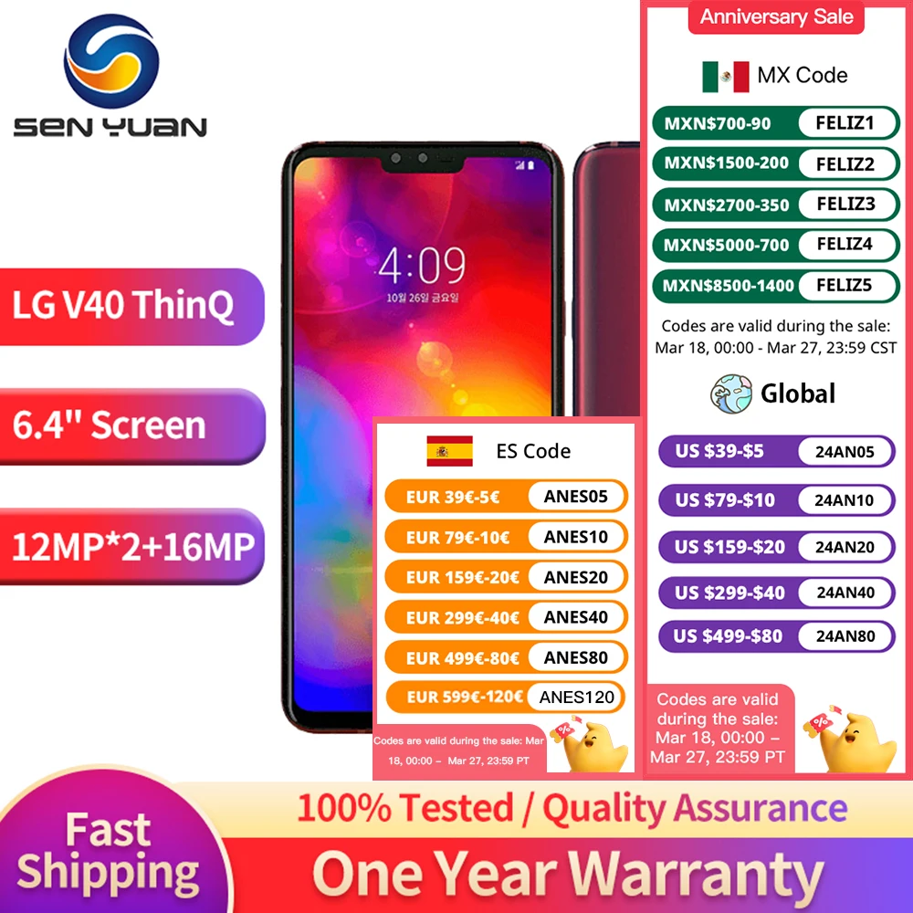 Original LG V40 ThinQ Mobile Phone 6.4” V409N V405EBW V405UA 6GB RAM 64GB/128GB ROM 16MP Triple Camera LTE Andriod Cellphone