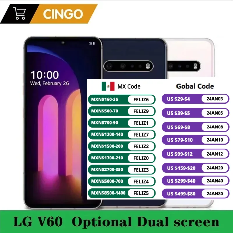 Original Unlock LG V60 ThinQ Dual-Screen V600AM/ V600TM /V600VM 6.8 inch Snapdragon 865 NFC 4/5G phone 8GB RAM 128GB ROM Android