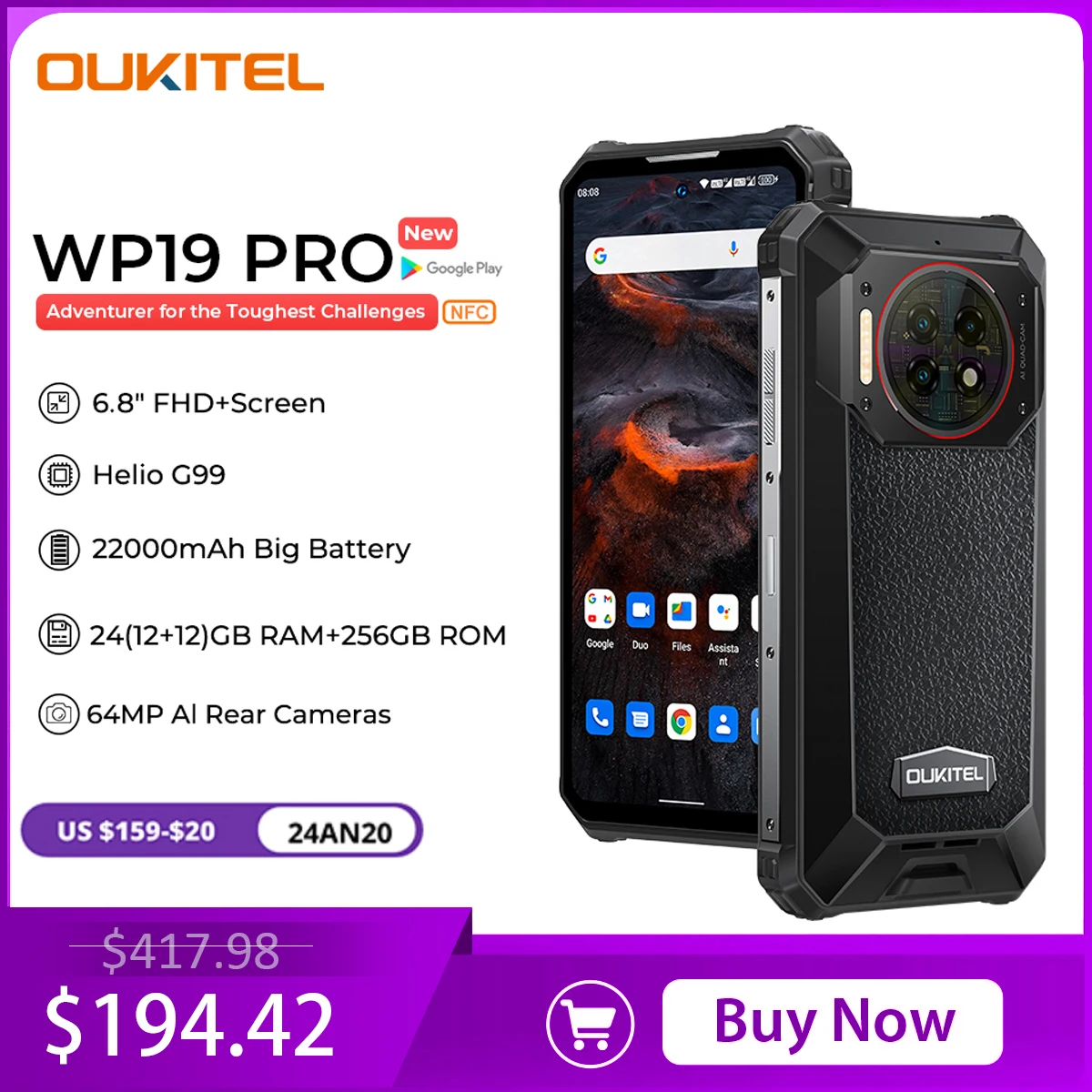 Oukitel WP19 Pro Rugged Phone 22000mAh 24GB 256GB Smartphone 64MP Camera Helio G99 Cellphone 120Hz Mobile Phone