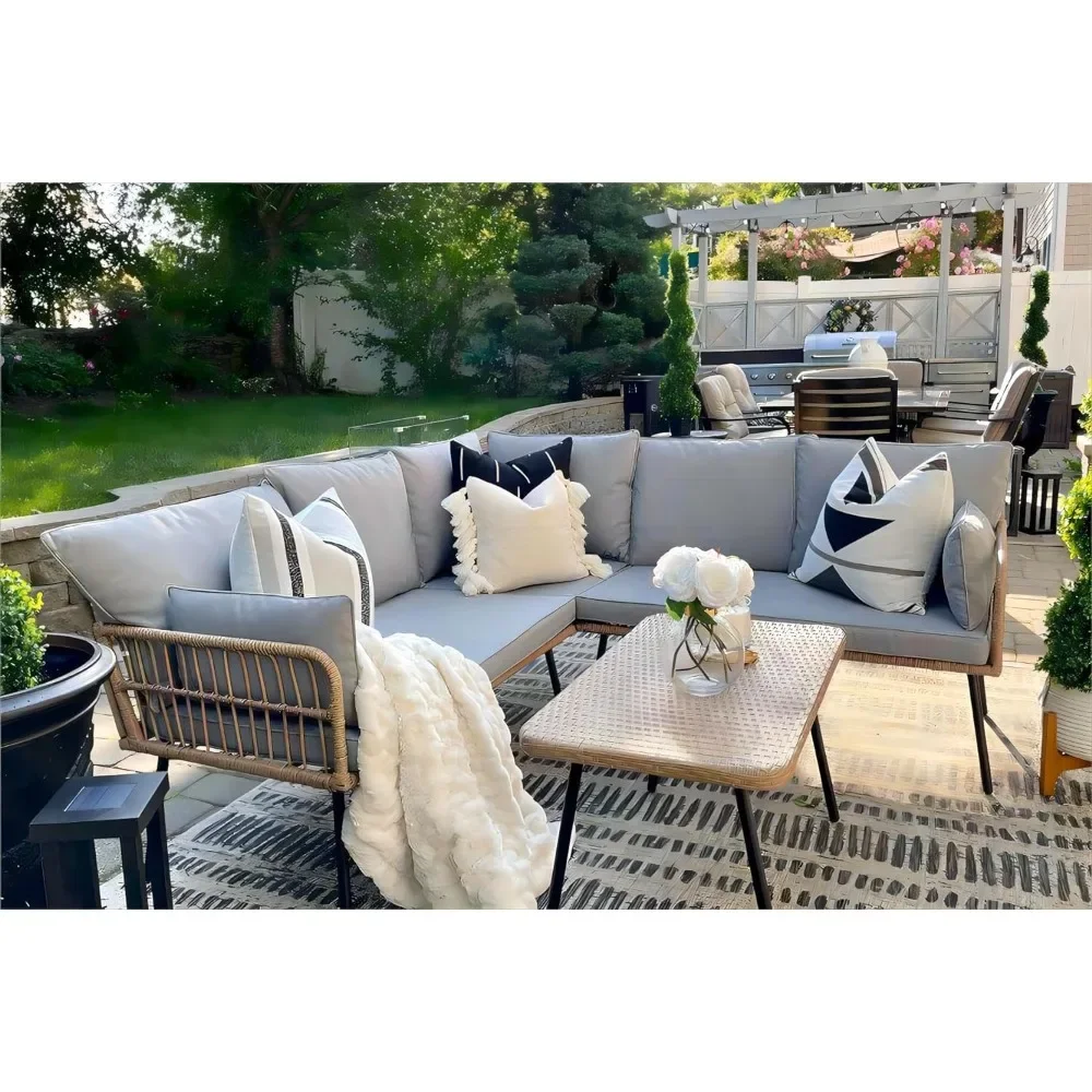 Outdoor Sofa Set of 4 with Thickness Cushions and Side Table, Rattan 4 PCS Patio Furniture Set, Outdoor Wicker L-Shaped Sofa