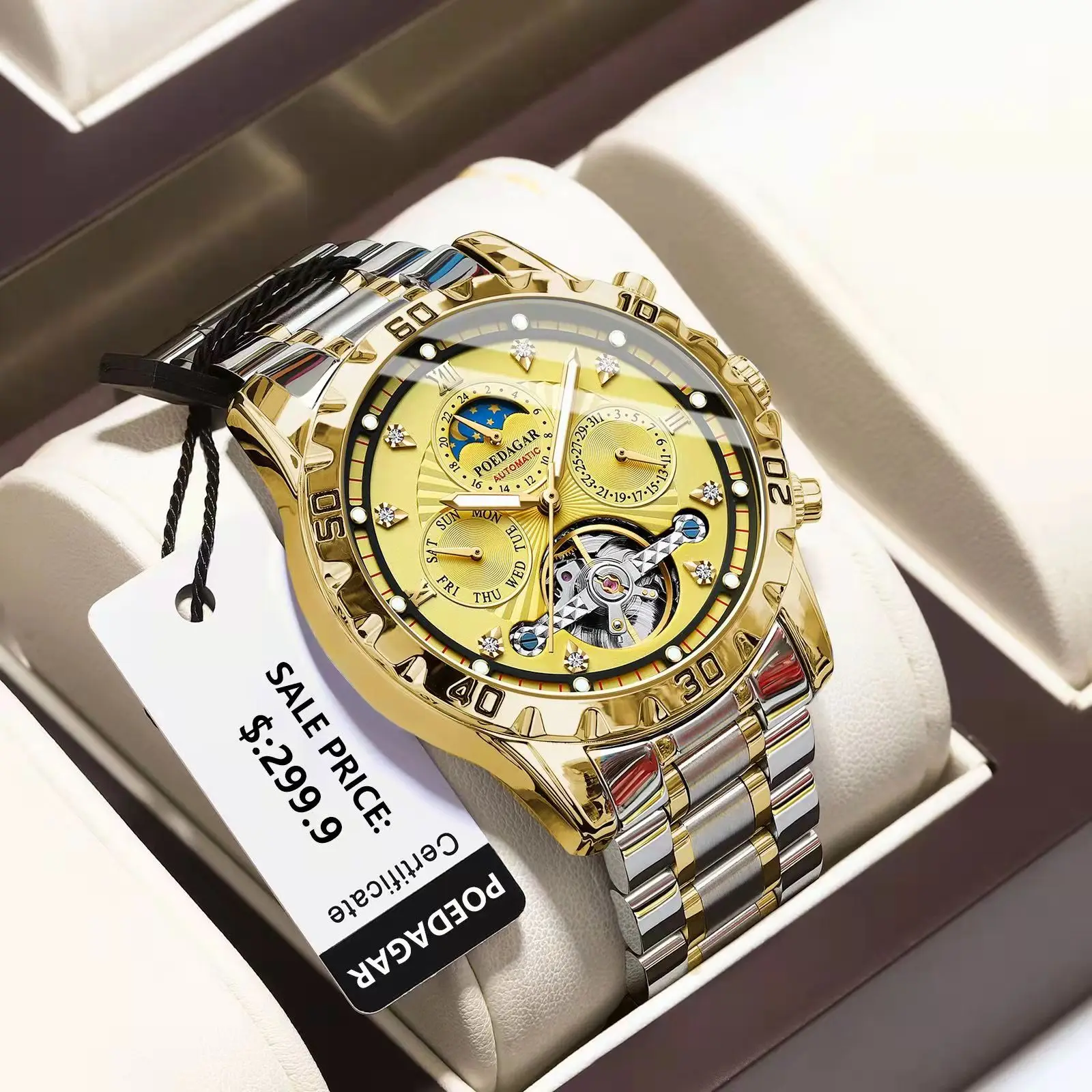 POEDAGAR Luxury Automatic Mechanical Watch Tourbillon Waterproof Luminous Date Week Men Wristwatch Stainless Steel Men’s Watches